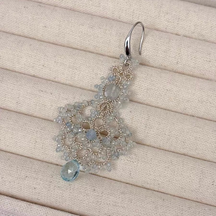 Handmade lace tatting beaded earrings with natural gemstone aquamarine,quartz stone,s925 silver hooks