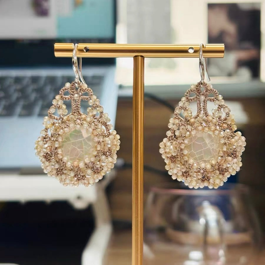 Handmade lace tatting beaded earrings with winged pearl oyster,zircon,swarovski pearls,s925 silver hooks
