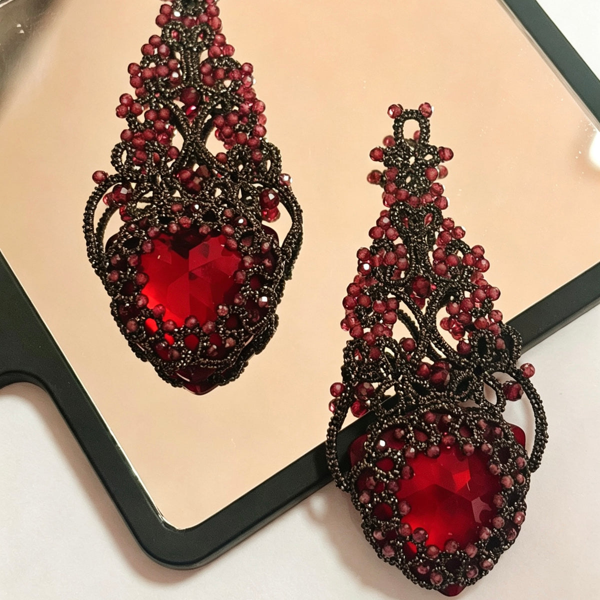 Handmade shuttle tatting beaded earrings with dongzhou diamond,natural gemstone garnet,s925 silver hooks