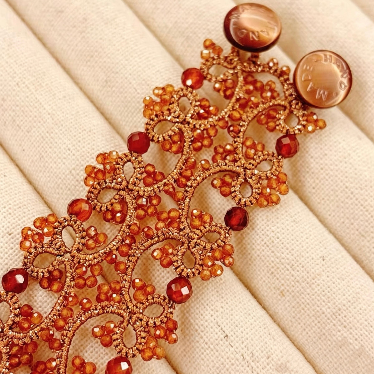 Handmade lace tatting beaded bracelet with natural gemstone garnet