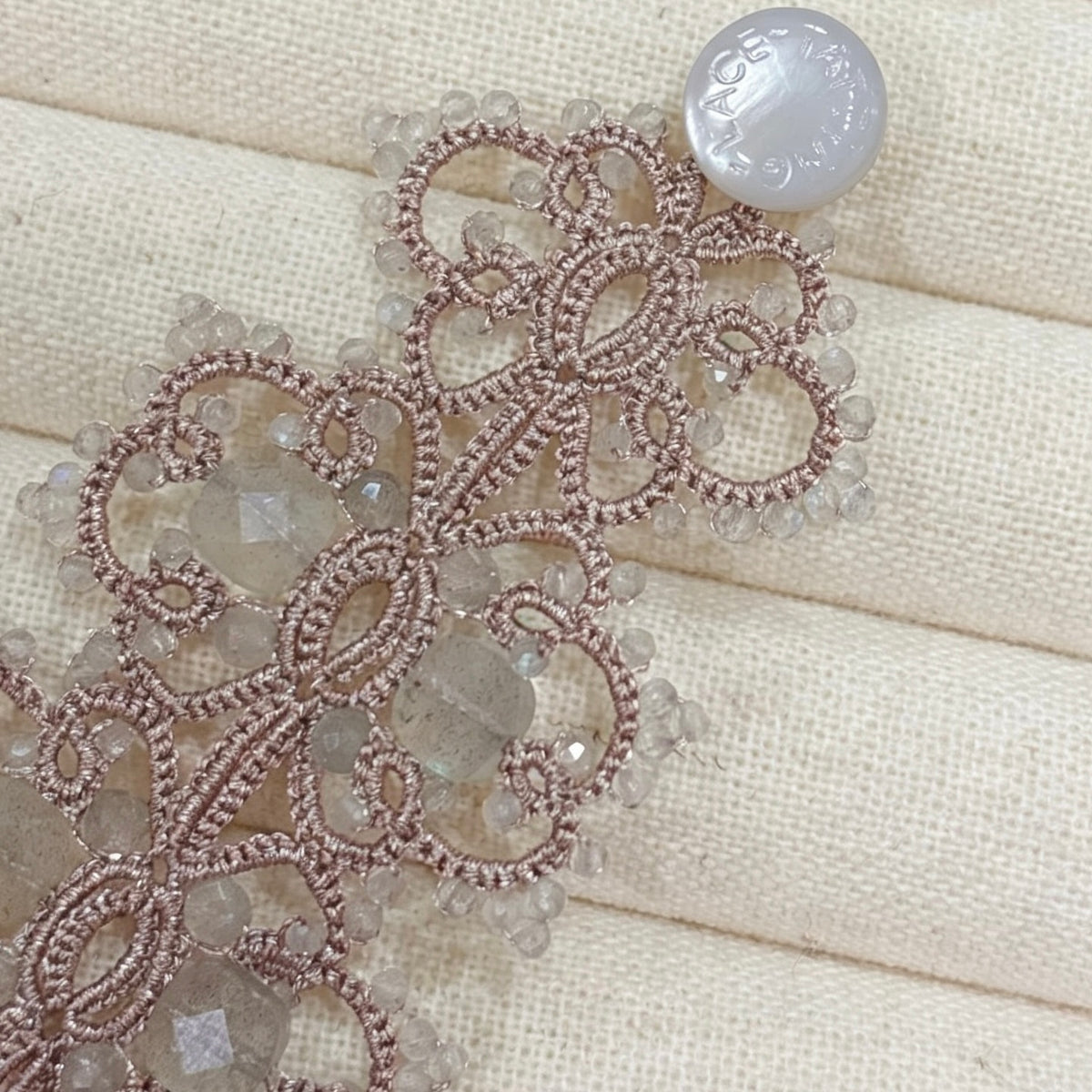 Handmade shuttle tatting beaded bracelet with natural gemstone labradorite