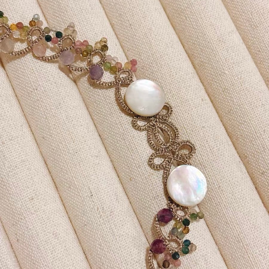 Handmade lace tatting beaded necklace with natural gemstone tourmaline