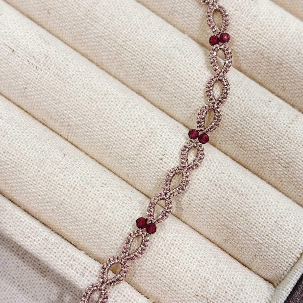 Handmade lace tatting beaded pendant necklace with natural gemstone garnet,ruby