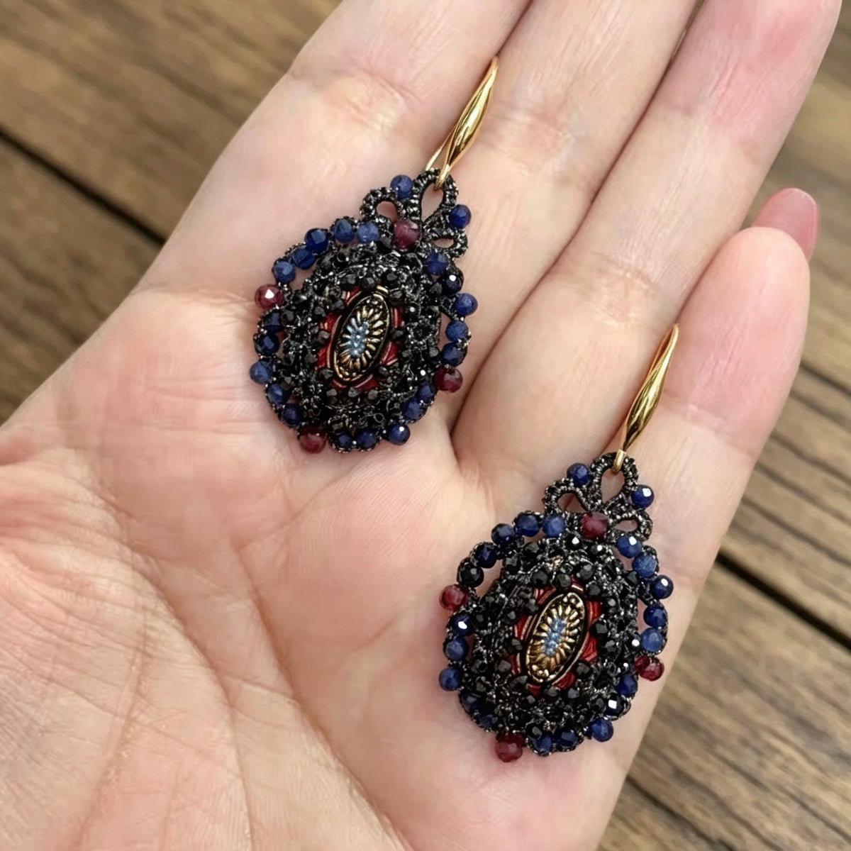 Handmade lace tatting beaded earrings with colored glaze,natural black spinel,blue-vein stone,garnet,s925 silver hooks