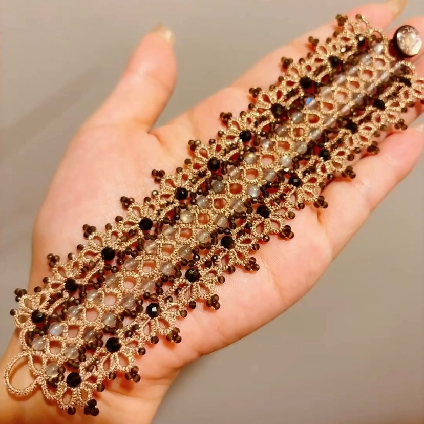 Handmade lace tatting beaded bracelet with natural gemstone labradorite,goldstone