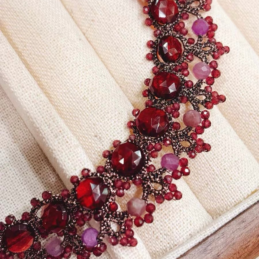 Handmade lace tatting beaded necklace with natural gemstone ruby,garnet