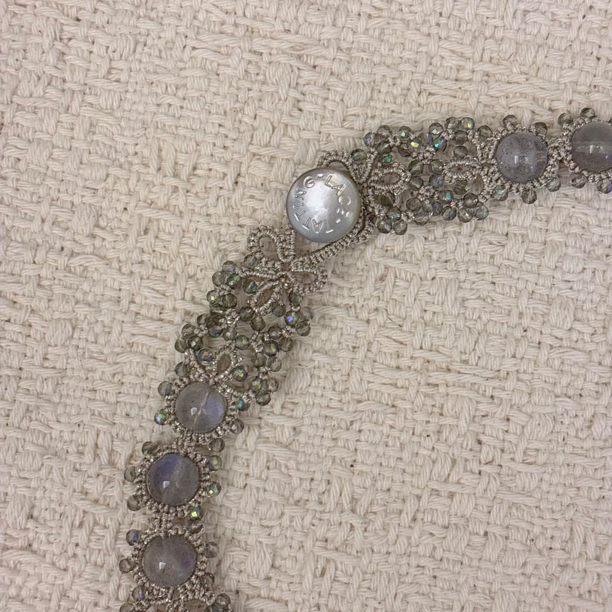Handmade lace tatting beaded long pendant necklace with natural gemstone labradorite,aquamarine,swarovski pearls