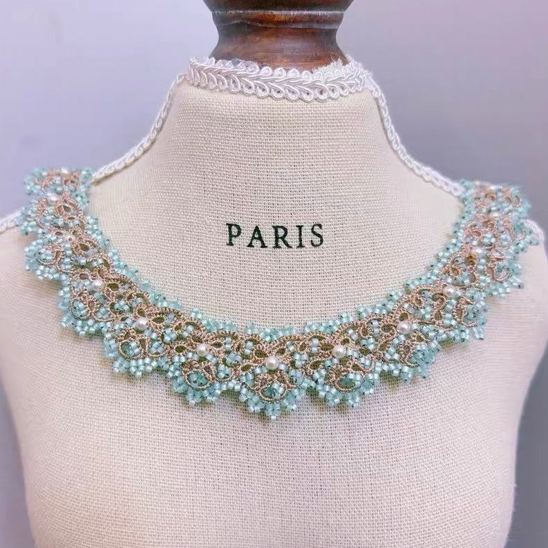 Handmade lace tatting beaded necklace with swarovski pearls,seed beads