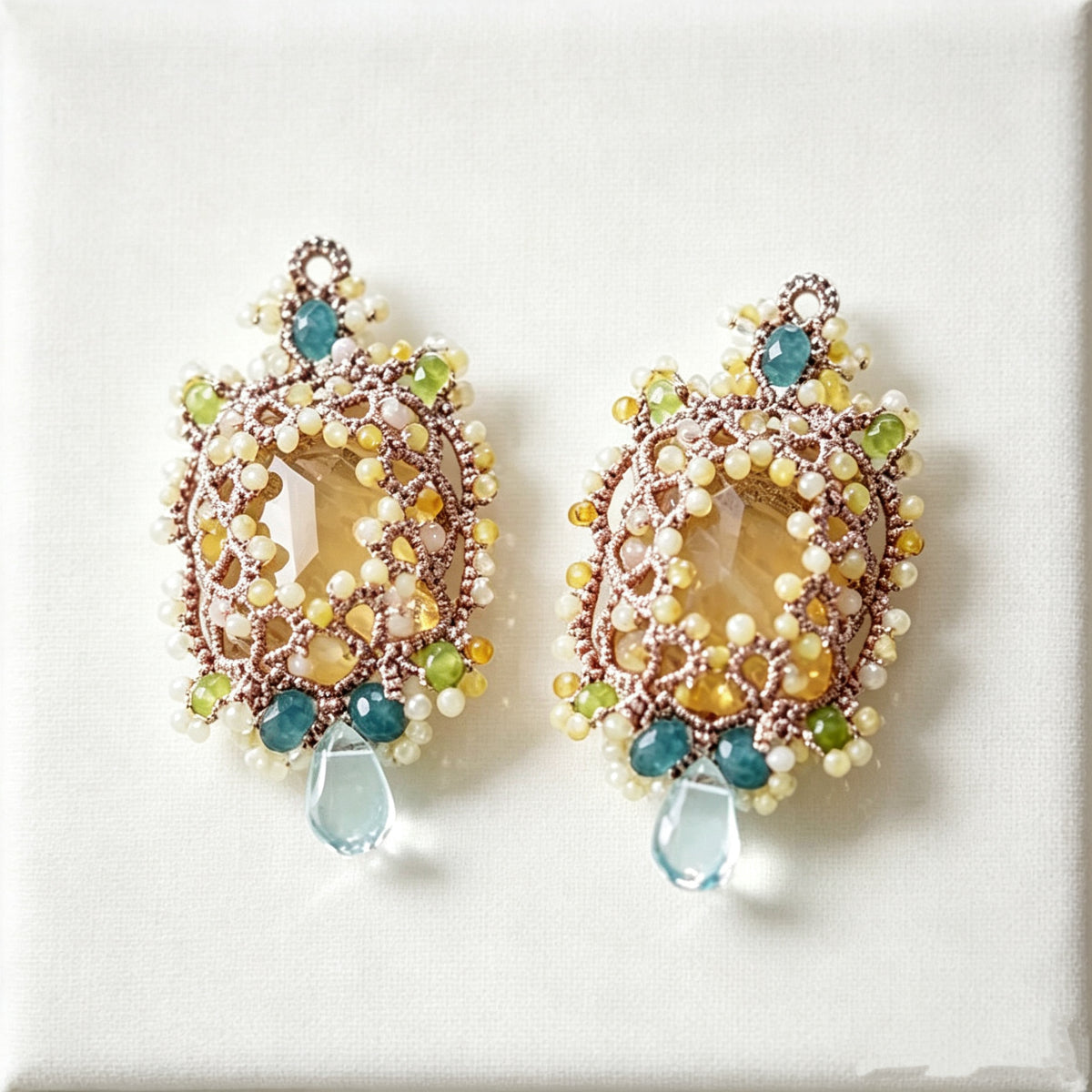 Handmade lace tatting beaded earrings with natural gemstone,s925 silver hooks