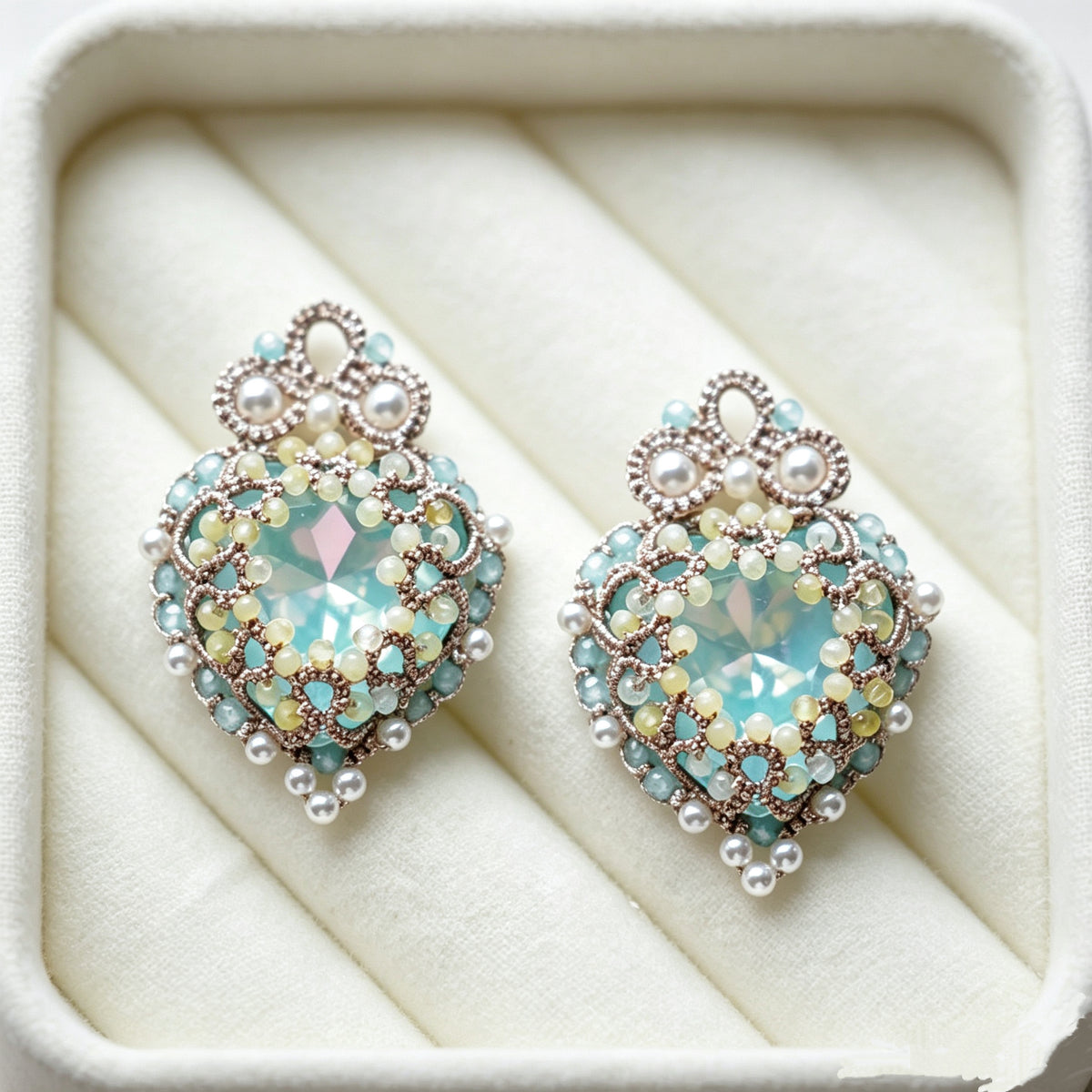Handmade lace tatting beaded earrings with natural gemstones,swarovski pearls,s925 silver hooks