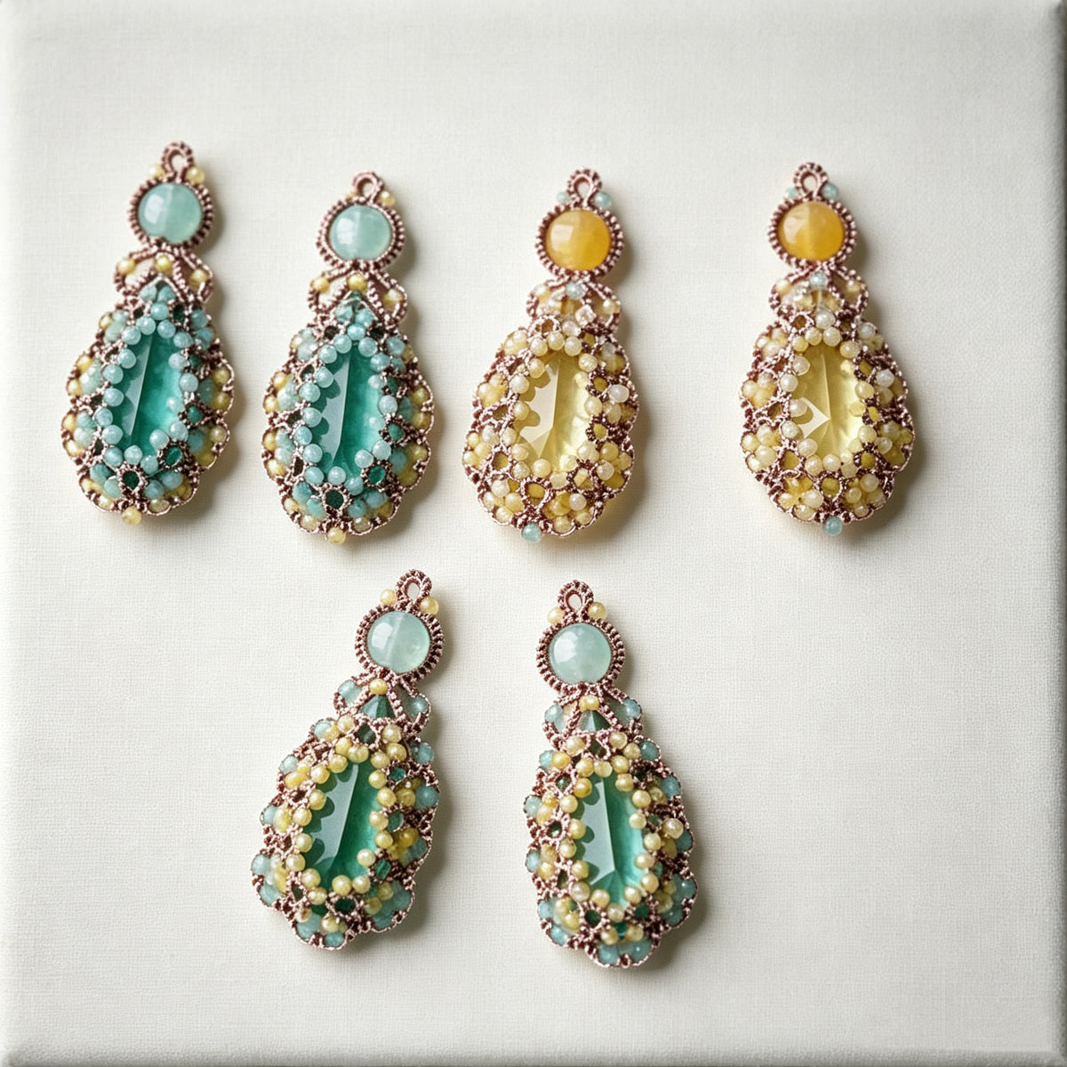 Handmade lace tatting beaded earrings with diamond,natural gemstones,s925 silver hooks