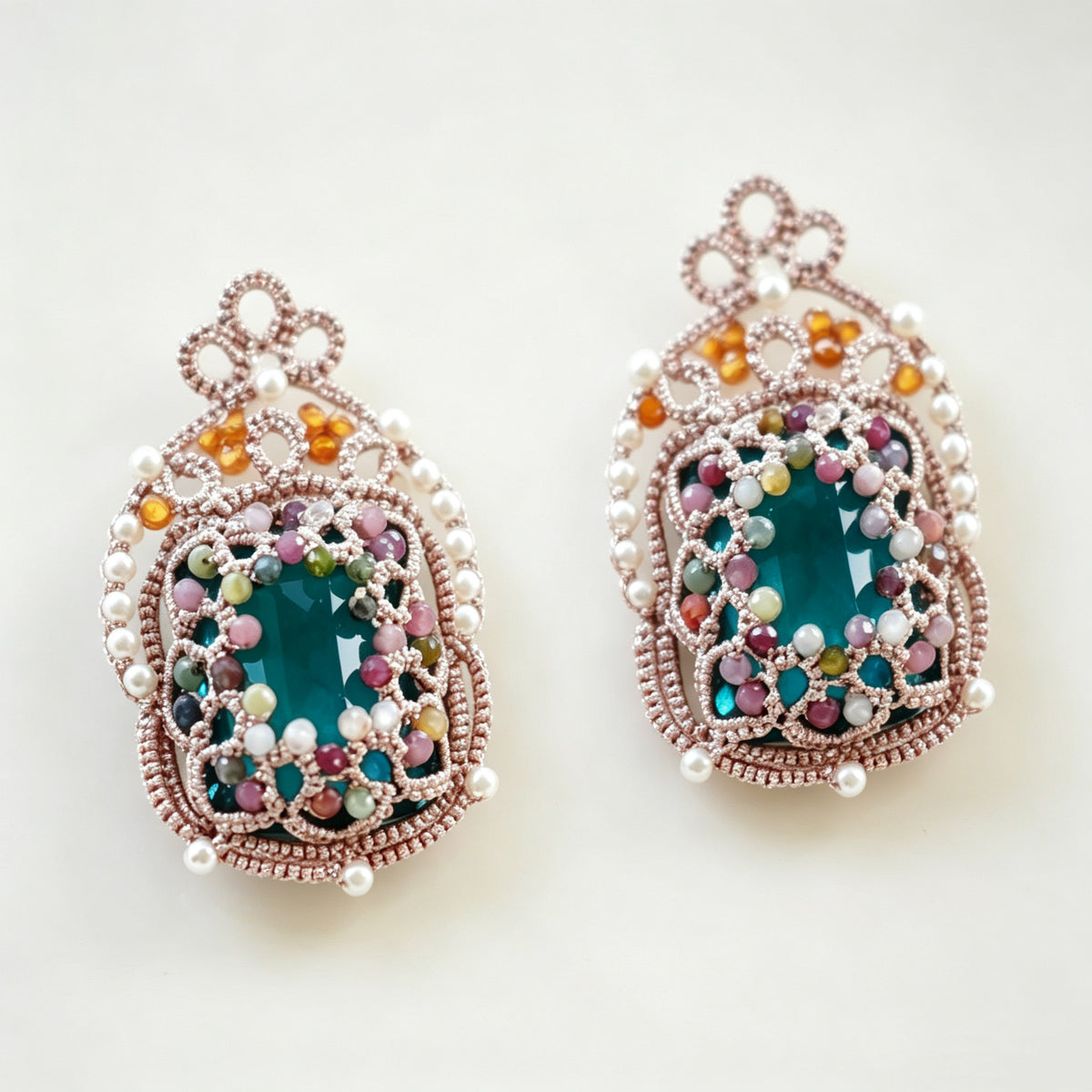 Handmade lace tatting beaded earrings with diamond,natural gemstone beads,s925 silver hooks