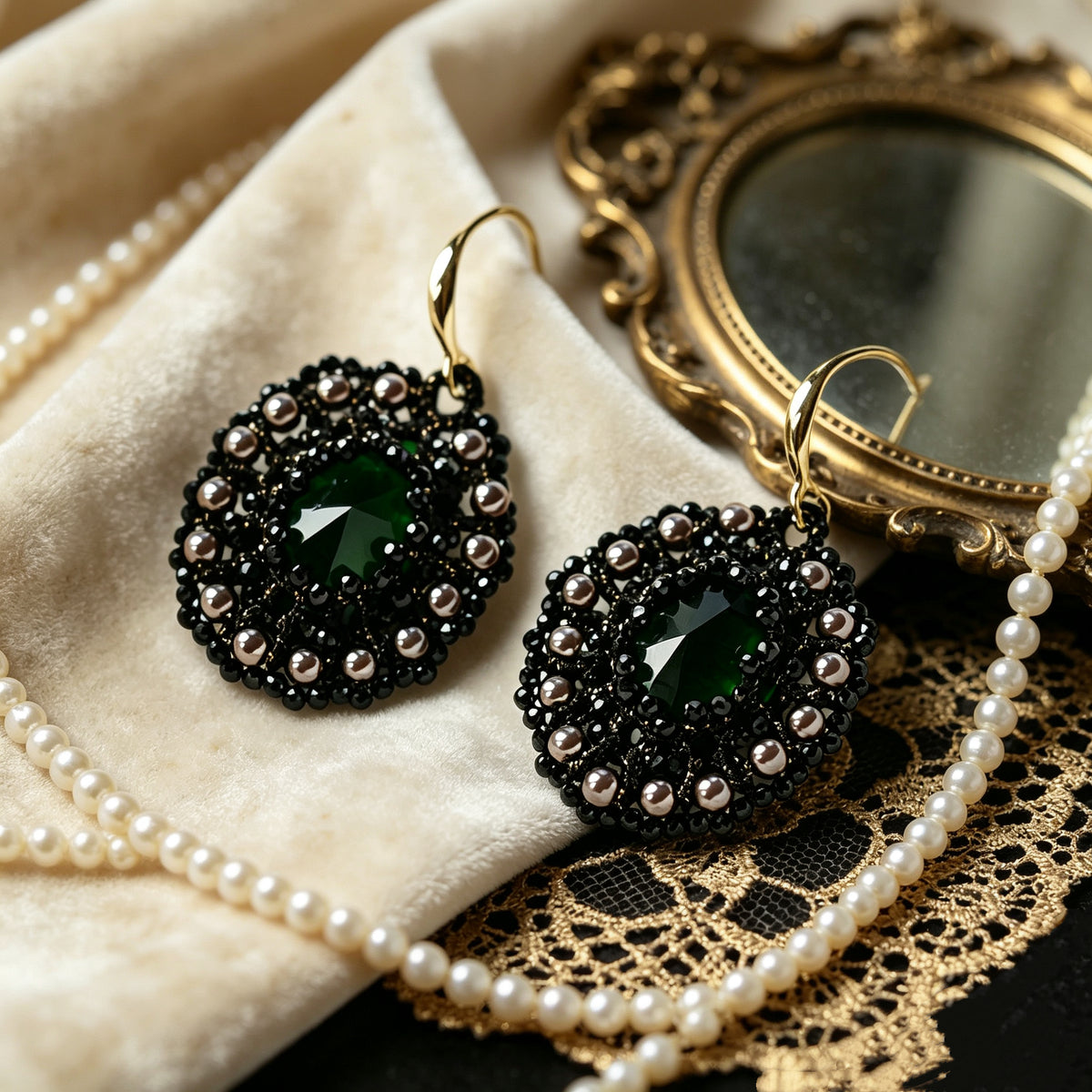 Handmade lace tatting beaded earrings with natural gemstone,imitation pearls,s925 silver hooks