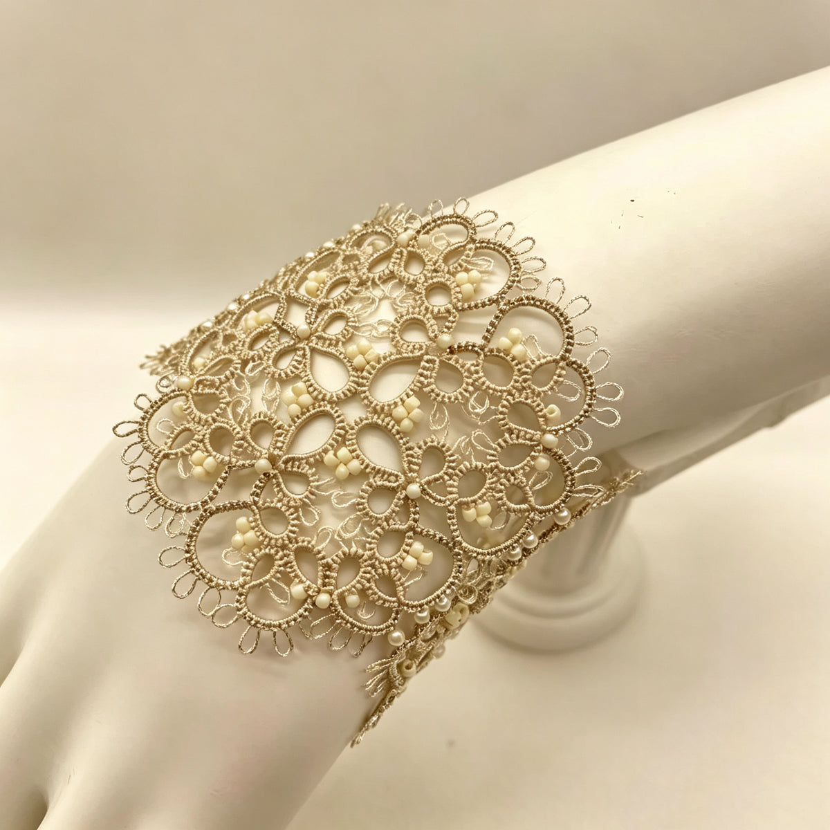 Handmade lace tatting beaded bracelet with seed beads