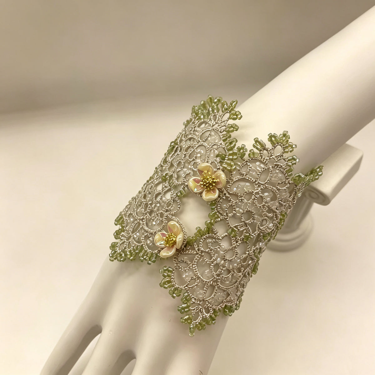 Handmade lace tatting beaded bracelet with antique beads