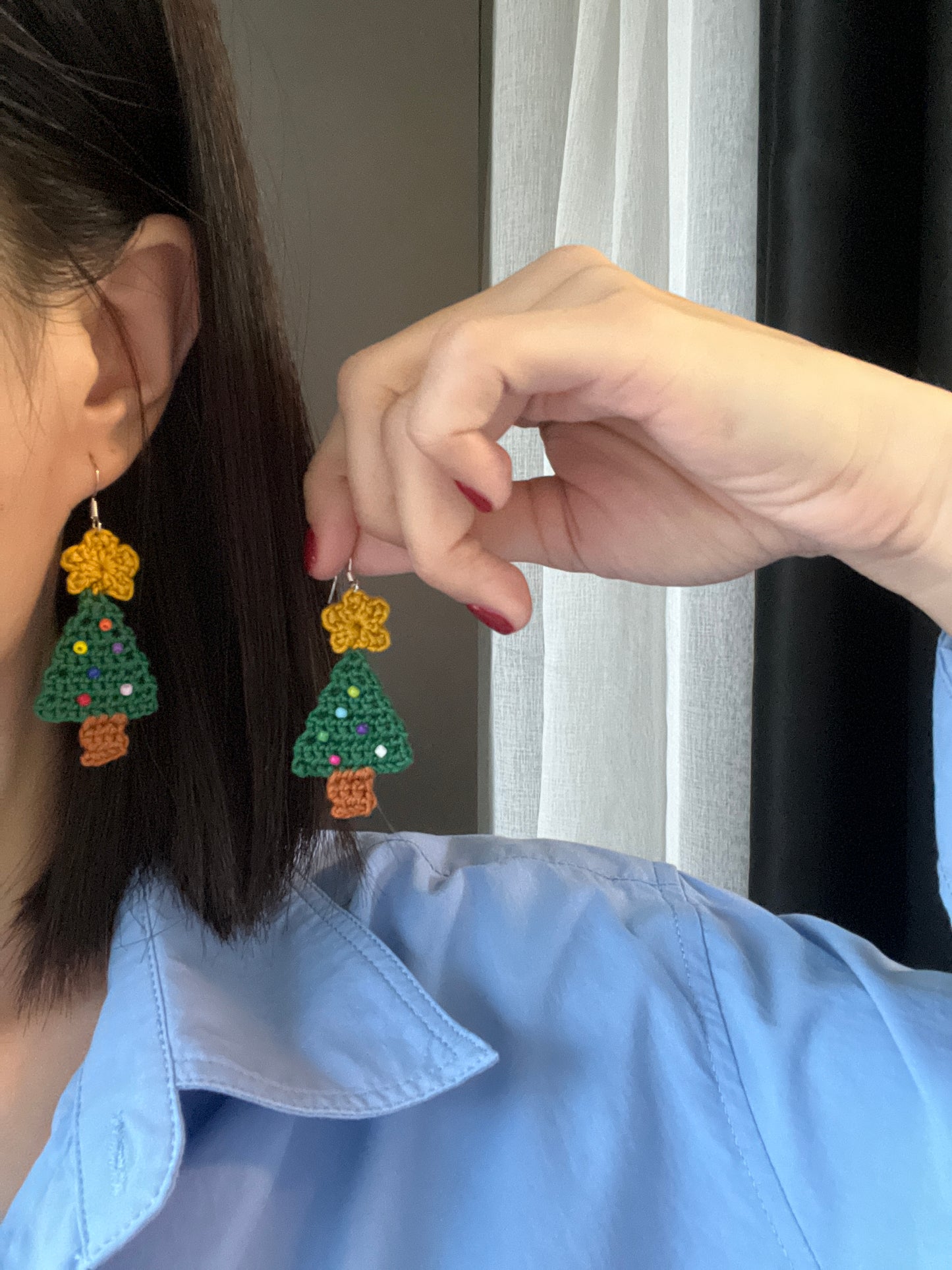 Handmade crochet Christmas tree earrings with s925 hooks