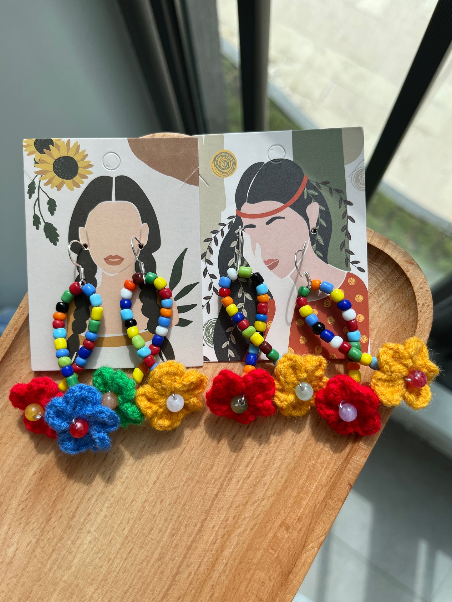 Handmade crochet colorful flower beaded earrings