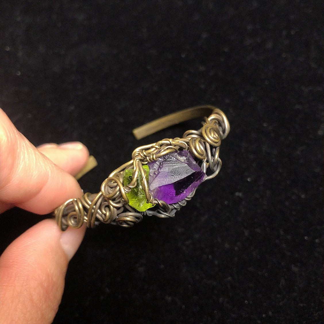 Handmade rock crystal wirewrapped bangle natural amethyst peridot gemstone bangle