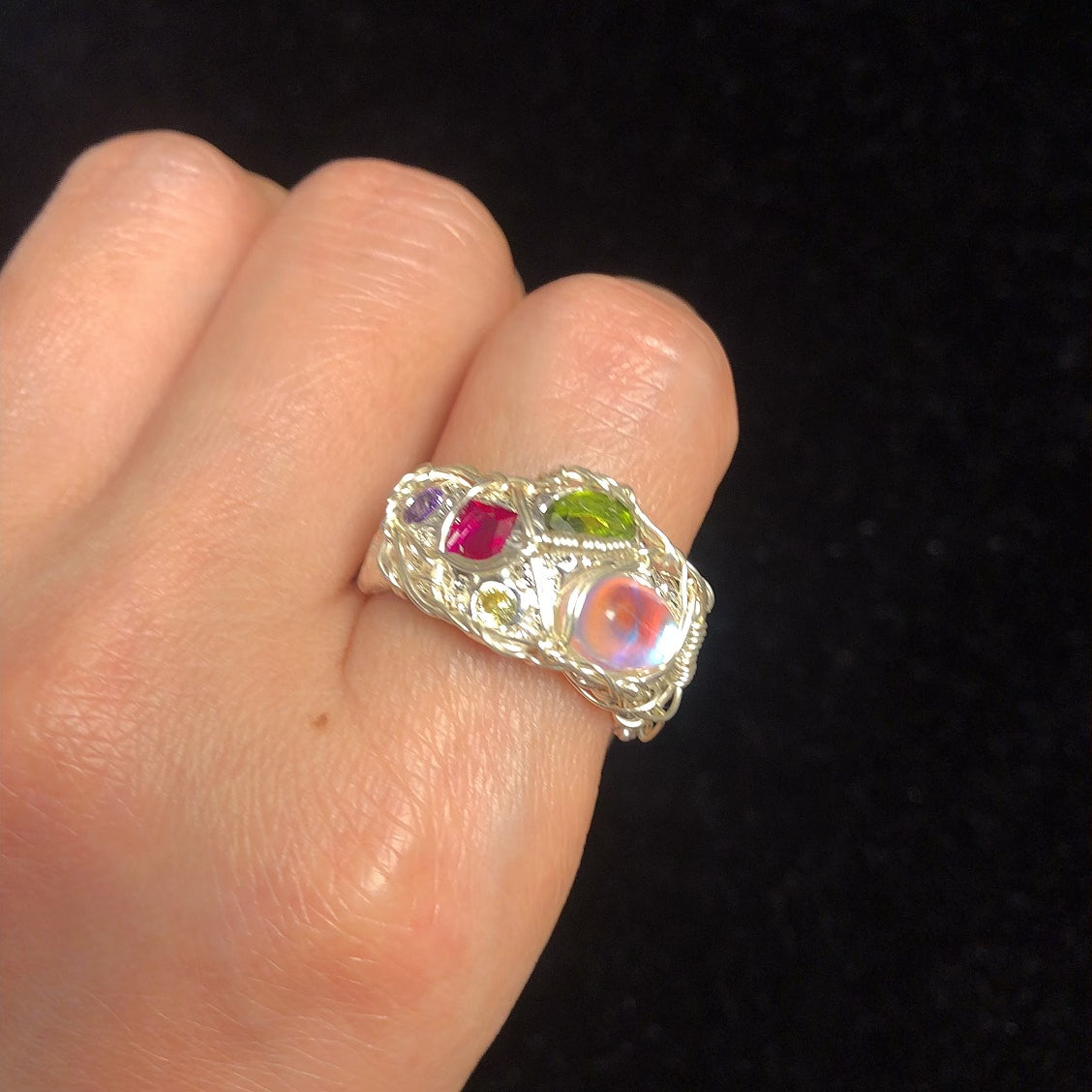 Handmade colorful gemstone wirewrapping ring