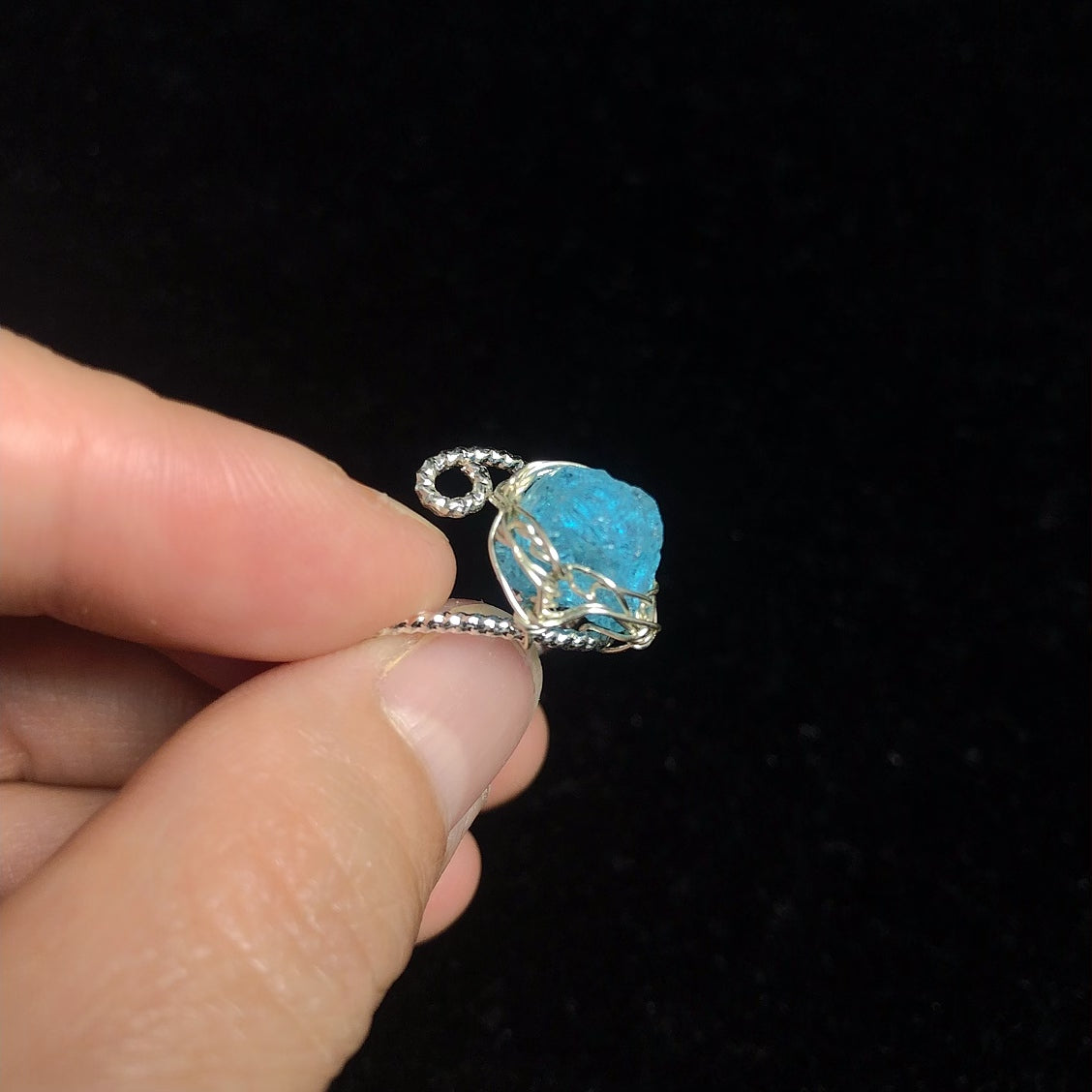 Handmade natural rock crystal ring rough aquamarine gemstone wirewrapping rings