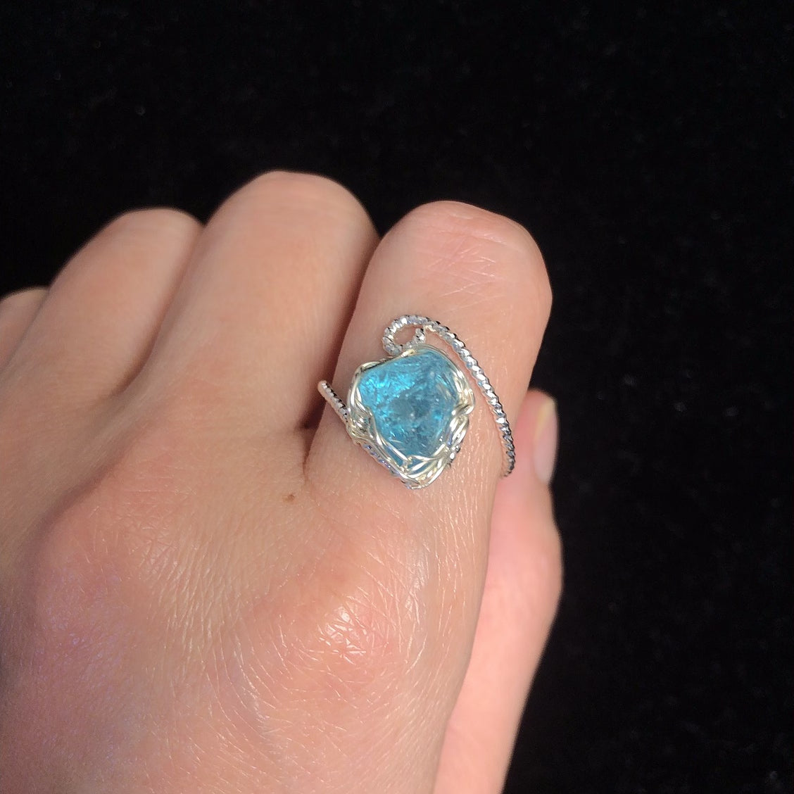 Handmade natural rock crystal ring rough aquamarine gemstone wirewrapping rings