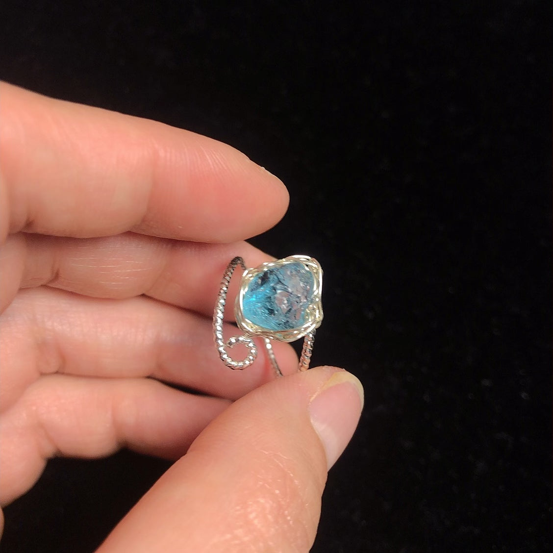 Handmade natural rock crystal ring rough aquamarine gemstone wirewrapping rings