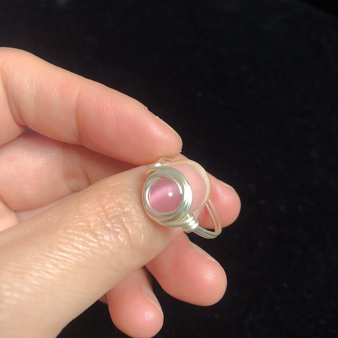 Handmade pink cat's eye beads wirewrapping rings