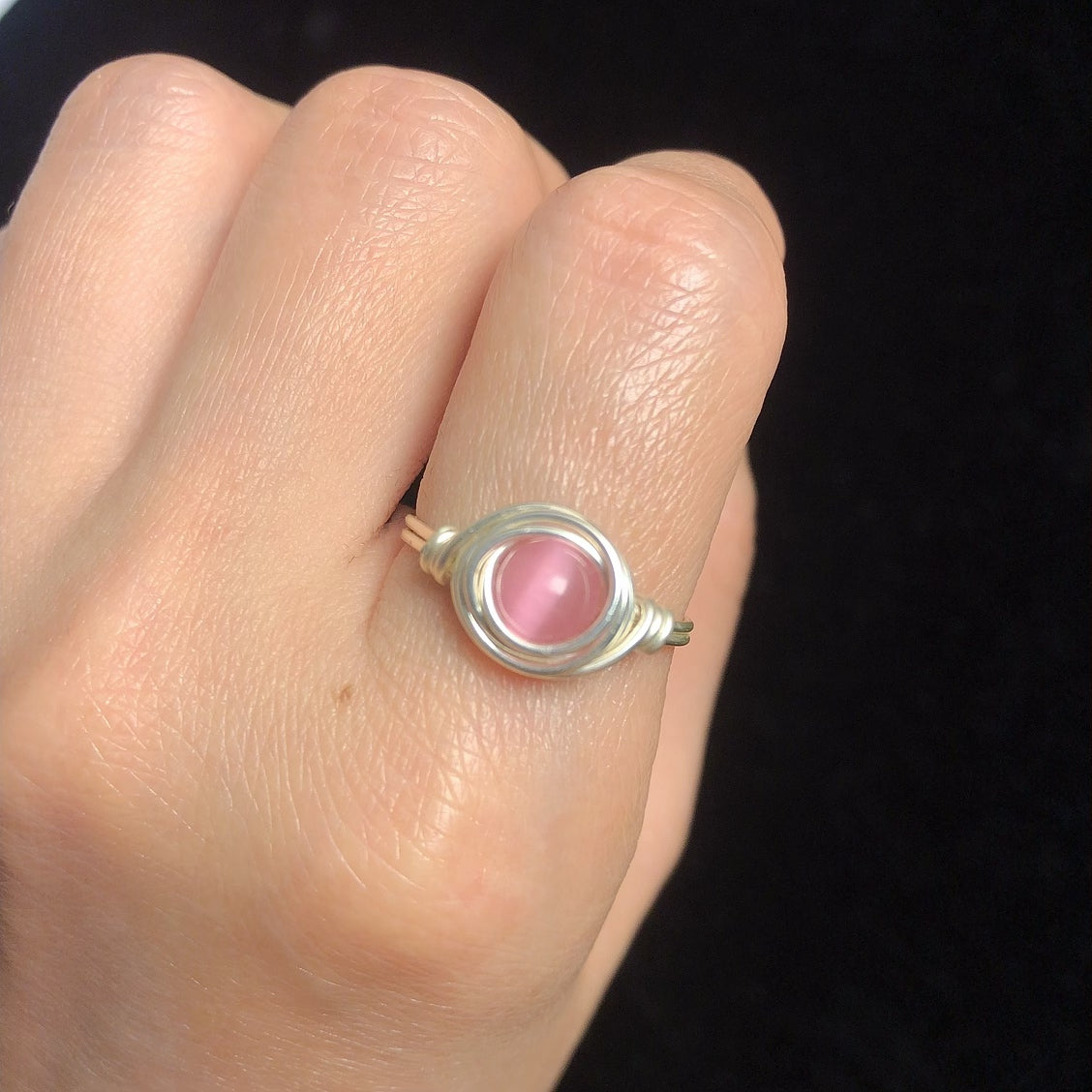 Handmade pink cat's eye beads wirewrapping rings