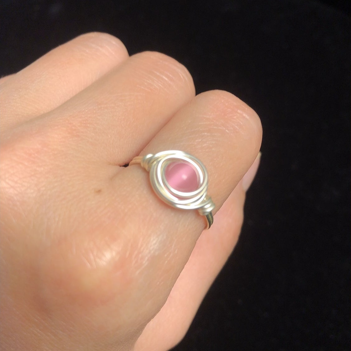 Handmade pink cat's eye beads wirewrapping rings