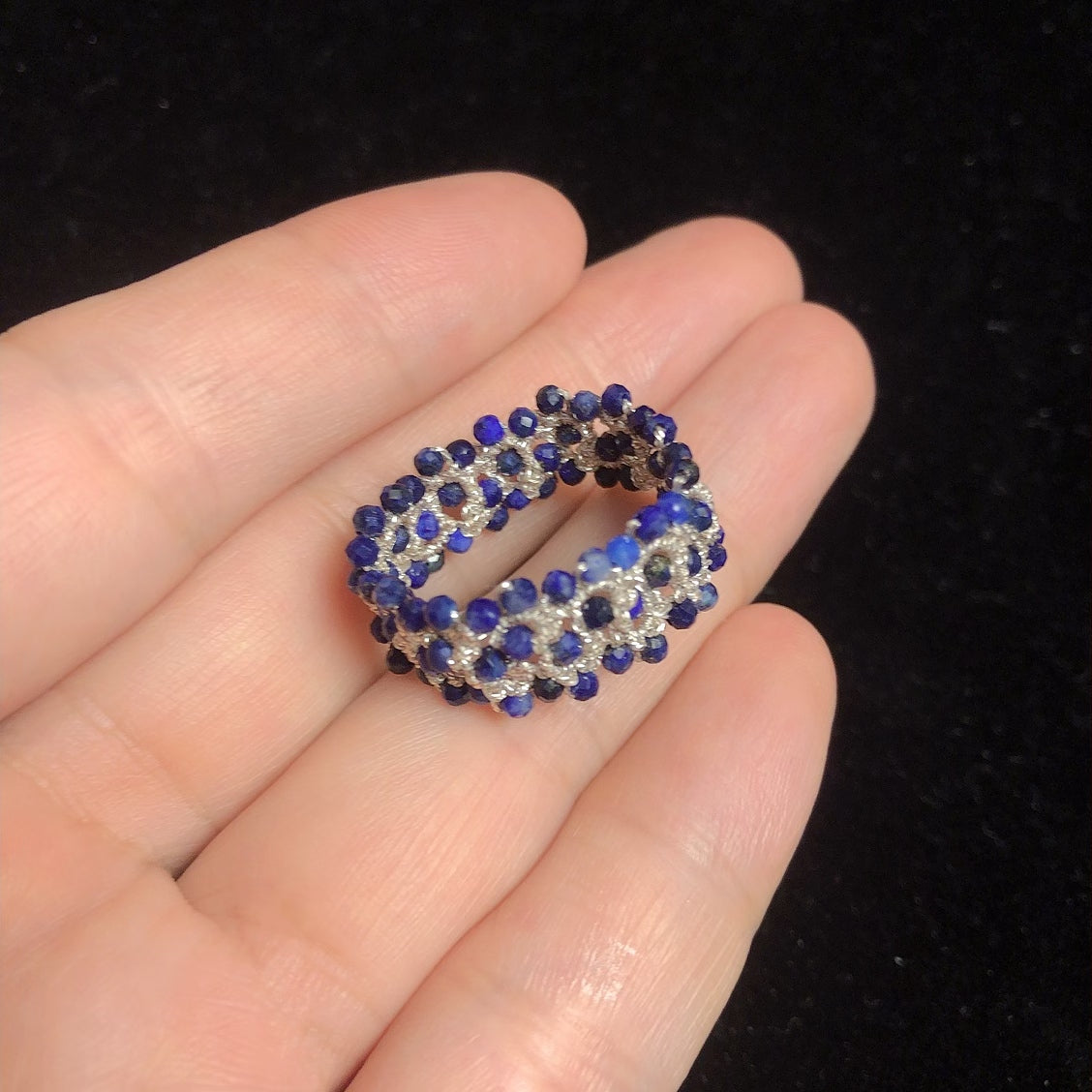 Handmade tatting ring lapis lazuli beaded rings