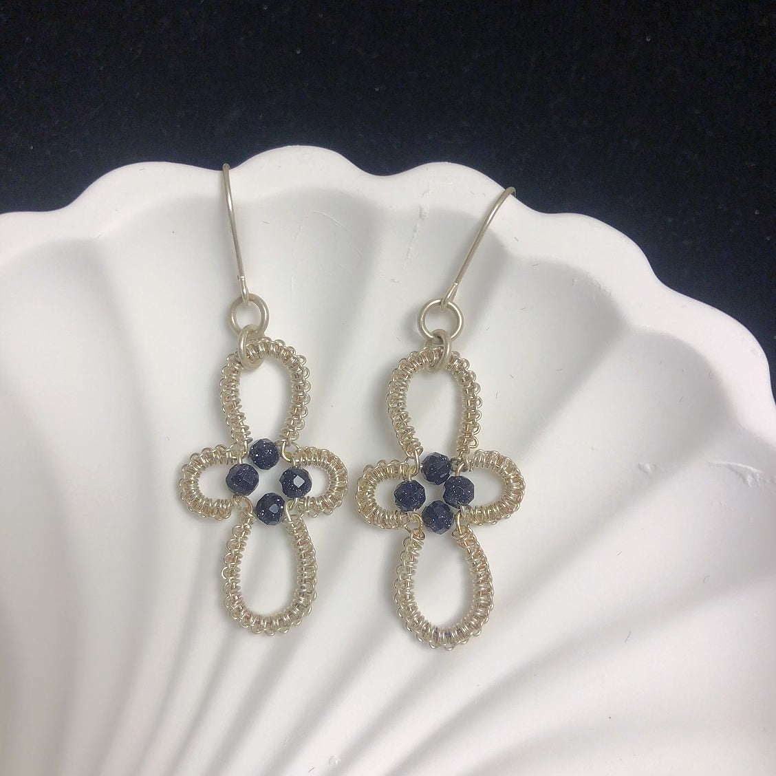 Handmade braided fine silver 999 earrings blue sandstone beaded earrings