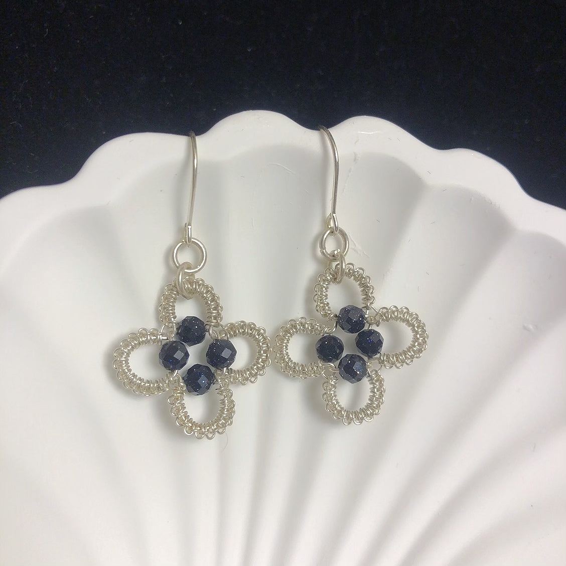 Handmade braided fine silver 999 earrings blue sandstone beaded earrings