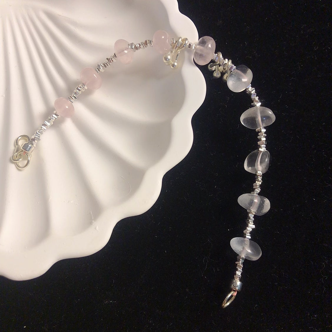 Handmade natural crystal stone bracelet clear and rose quartz bracelets sterling silver bracelet