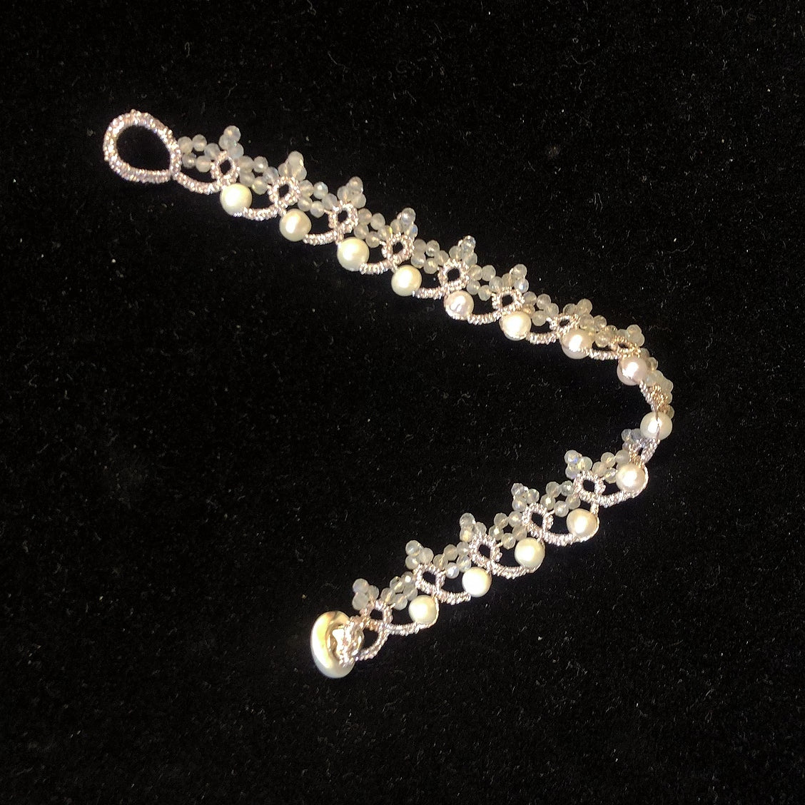 Handmade tatting bracelet with freshwater pearls and moonstone