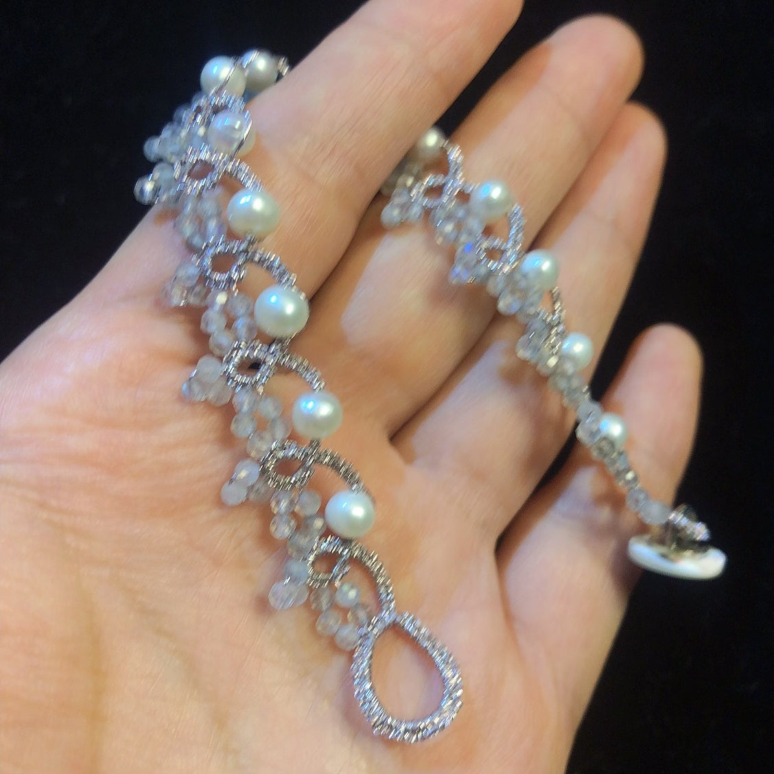 Handmade tatting bracelet with freshwater pearls and moonstone