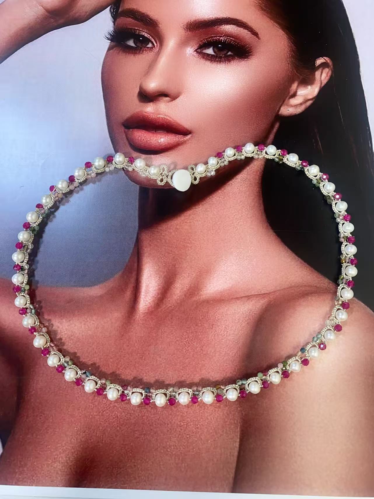 Handmade shuttle tatting necklace with freshwater pearls tourmaline corundum