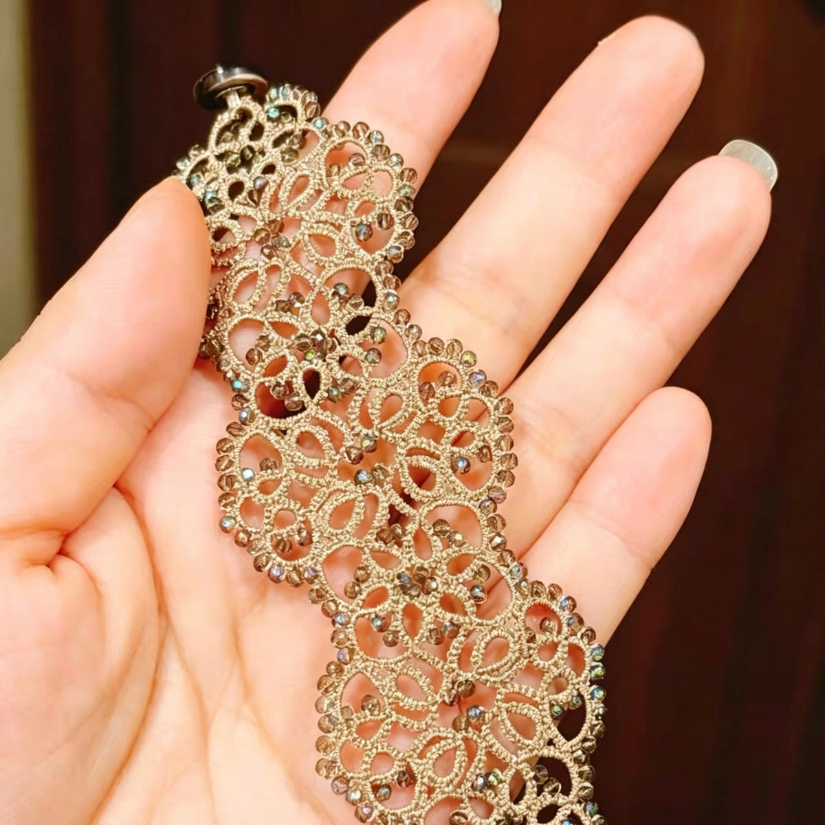 Handmade shuttle tatting beaded bracelet with plated beads