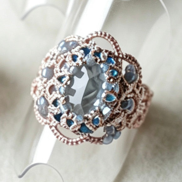 Handmade lace tatting beaded rings with diamond,seed beads,natural gemstones