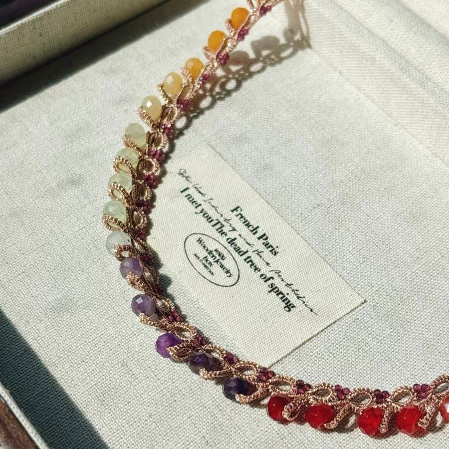 Handmade shuttle tatting necklace with natural gemstone,garnet,agate,topaz,sunstone,amethyst,prehnite