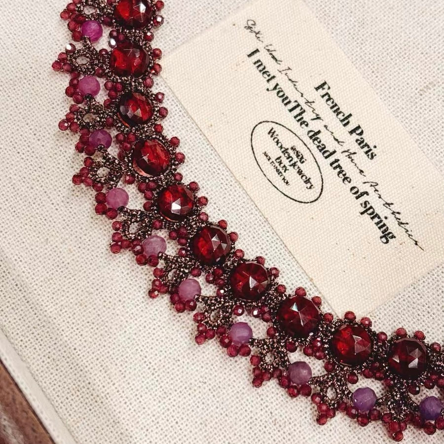 Handmade lace tatting beaded necklace with natural gemstone ruby,garnet
