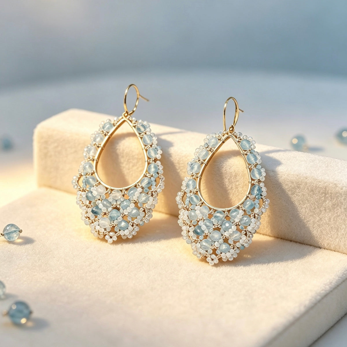 Handmade lace tatting beaded earrings with natural gemstone aquamarine,s925 silver hooks