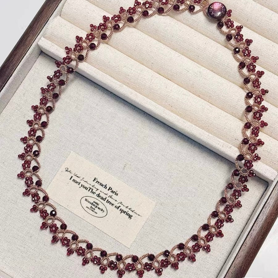 Handmade lace tatting beaded necklace with natural gemstone garnet