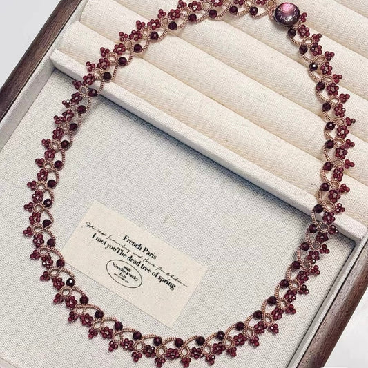 Handmade lace tatting beaded necklace with natural gemstone garnet