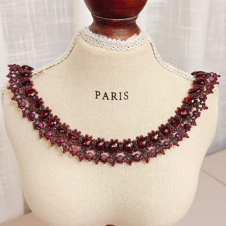 Handmade lace tatting beaded necklace with natural gemstone ruby,garnet