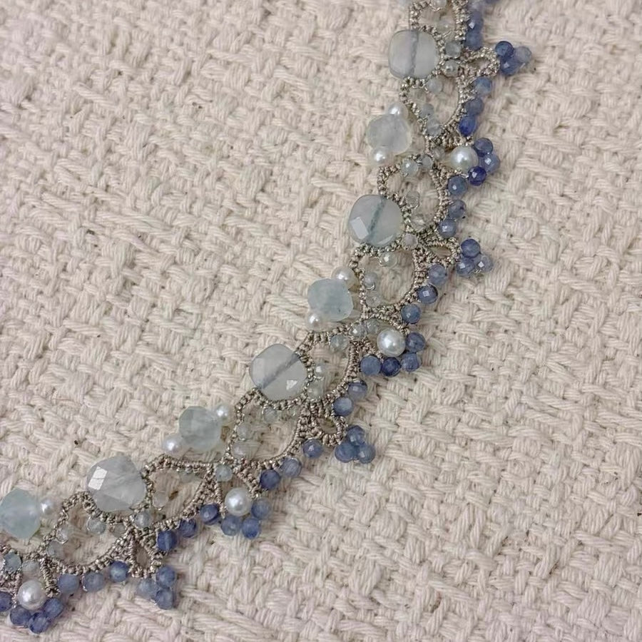 Handmade lace tatting beaded necklace with natural freshwater pearls,aquamarine,kyanite