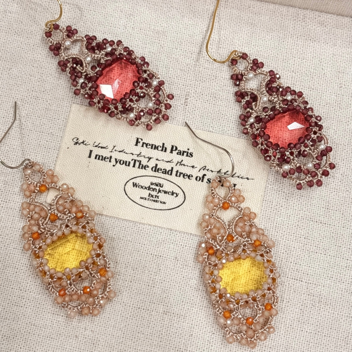 Handmade lace tatting beaded earrings with dongzhou diamond,natural gemstone garnet,zircon,swarovski pearls,s925 silver hooks