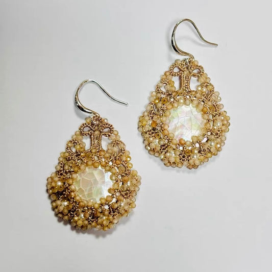 Handmade lace tatting beaded earrings with winged pearl oyster,zircon,swarovski pearls,s925 silver hooks
