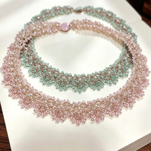 Handmade lace tatting beaded necklace with swarovski pearls,seed beads