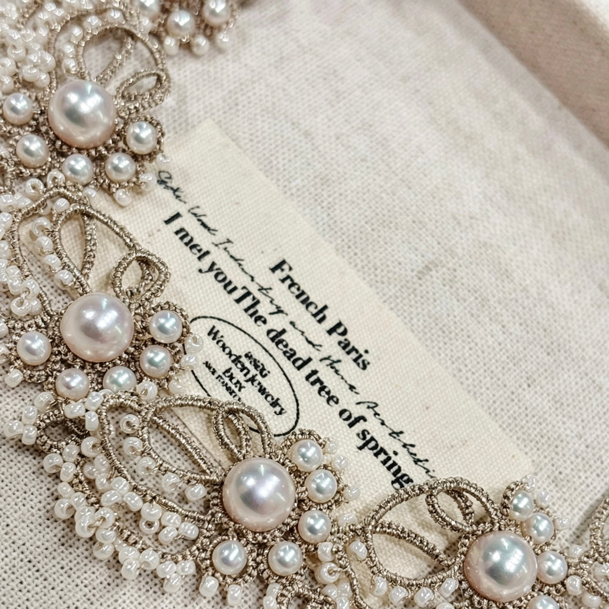 Handmade shuttle tatting necklace with swarovski pearls