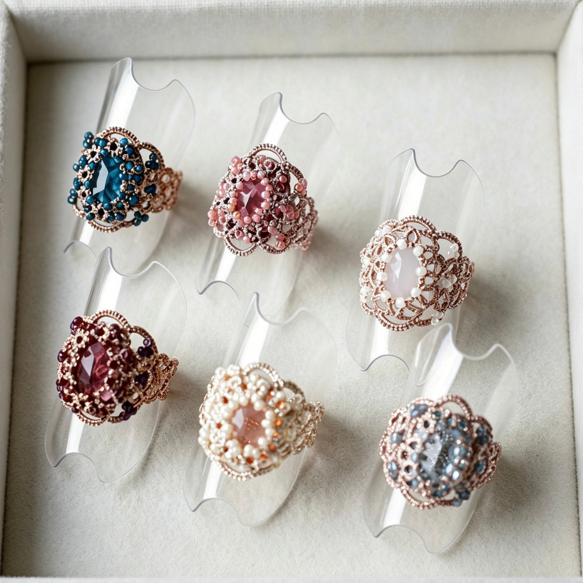 Handmade lace tatting beaded rings with diamond,seed beads,natural gemstones